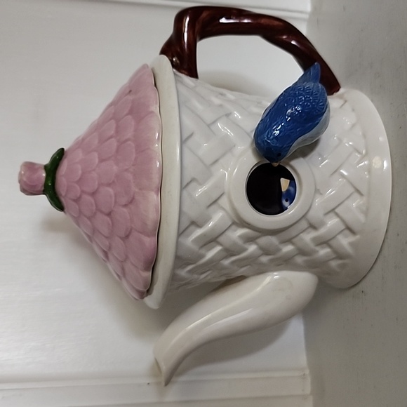 teleflora Other - Teleflora Birdhouse Teapot Blue Bird Pink Lid & Flower Collectible Teapot